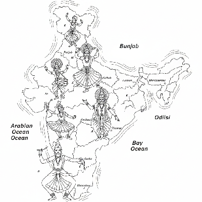 Line art coloring map of India, showing traditional dance forms for each state with simplified dancer icons.