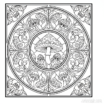 Black and white line art mimicking a stained glass window, with various stylized mushrooms arranged within lead-like outlines, for coloring.
