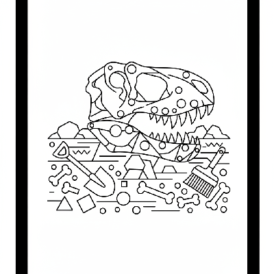 Black and white line art of a dinosaur fossil dig site with a T-Rex skull, bones, and digging tools, all composed of circles, squares, and triangles.