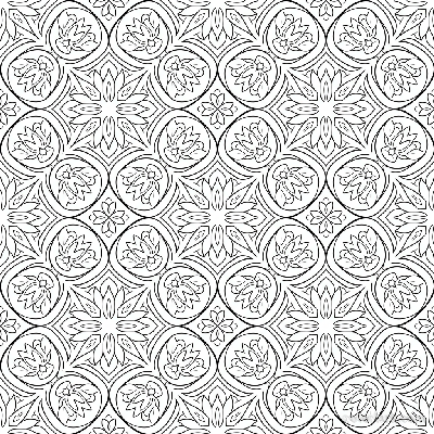 Black and white line art of a seamless tileable pattern featuring stylized lotus flowers.
