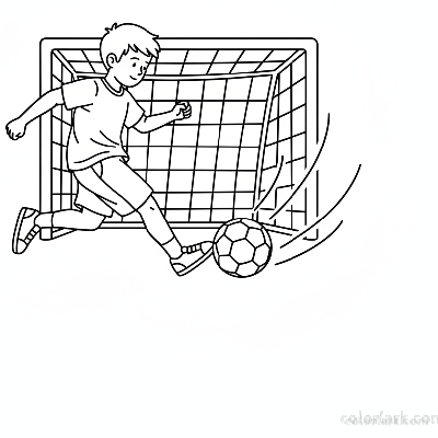 Line art of a child kicking a football directly towards a goal.