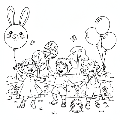 Black and white line art of three excited children playing with Easter bunny and egg-shaped balloons.