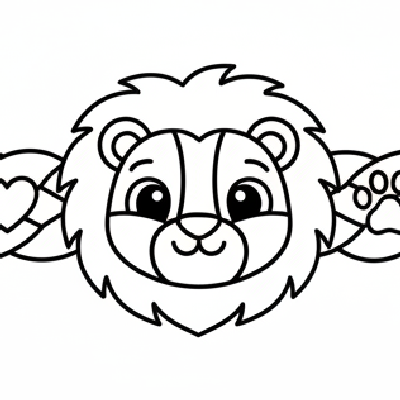 Black and white line art of a kid's animal-themed Rakhi with a cartoon animal motif and paw print patterns for coloring.