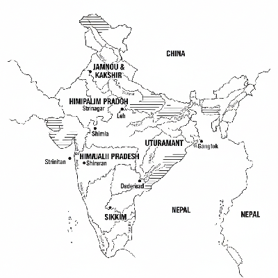 Line art coloring map of Indian Himalayan states and UTs, including Jammu & Kashmir, Ladakh, Himachal Pradesh, Uttarakhand, and Sikkim.