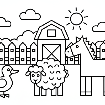 Black and white line art of farm animals including a duck, sheep, and horse, all composed of circles, squares, and triangles, in a farm yard for shape learning.
