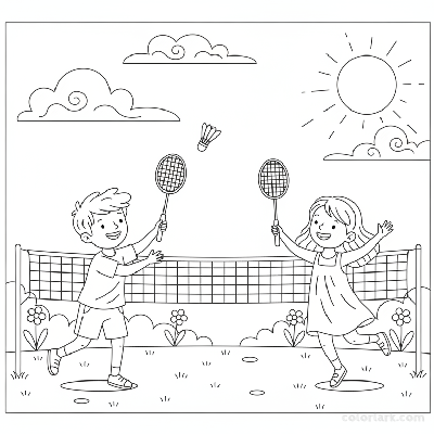 Line art of kids playing badminton under a blue sky in a backyard.