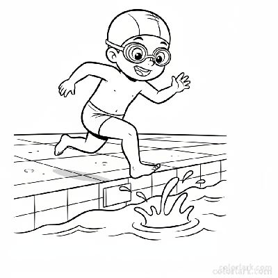 Black and white line art of an excited child about to jump into a pool for freestyle, wearing a swim cap and goggles.