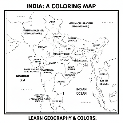 Black and white line art coloring page of India's political map showing all states, union territories, and their capital cities.