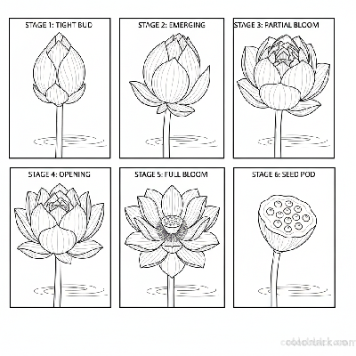 Black and white line art illustrating the sequential stages of a lotus flower from bud to full bloom.