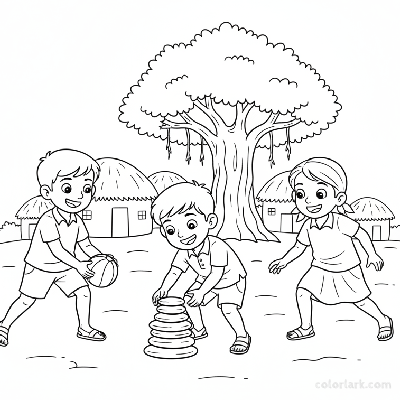 Black and white line art of Indian village children playing Pitthu, stacking stones and throwing a ball.