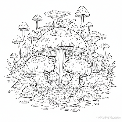 Black and white line art of several rain-soaked mushrooms covered in glistening dewdrops and wet leaves in a forest, for coloring.