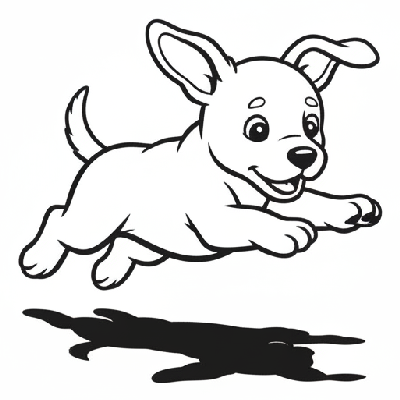 Black and white line art of a playful puppy gracefully leaping over its own shadow, an easy coloring sheet for Indian learners.