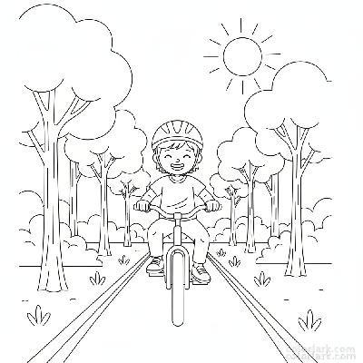 Black and white line art coloring page of a child with a helmet, riding a bicycle on a flat woodland greenway.