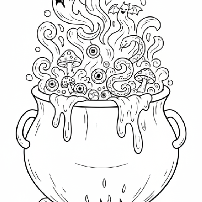 Black and white line art of a rustic cauldron over a fire, with a thick, bubbling potion overflowing and magical smoke rising dramatically.