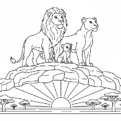 Black and white line art of a lion pride on a rocky lookout hill, surveying the savanna.