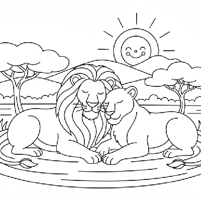 Black and white line art of an adult lion and lioness relaxing closely together on a sunny day.