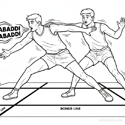 Black and white line art of an Indian Kabaddi player initiating contact, chanting 'Kabaddi Kabaddi'.