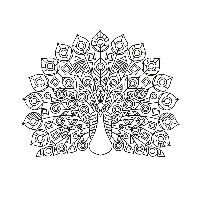 Artistic peacock with geometric feather patterns coloring page - free printable.