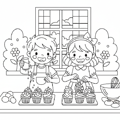 Black and white line art of two happy children decorating Easter cupcakes with sprinkles and candy eggs.