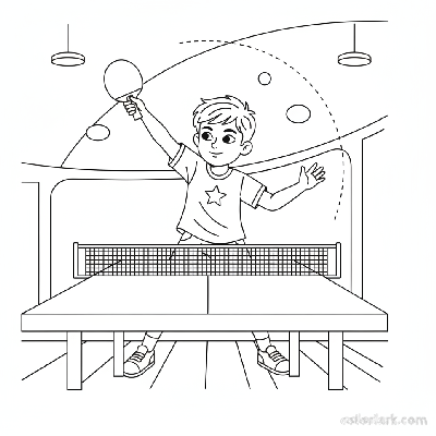 Line art of a determined kid's forehand loop follow-through in table tennis.