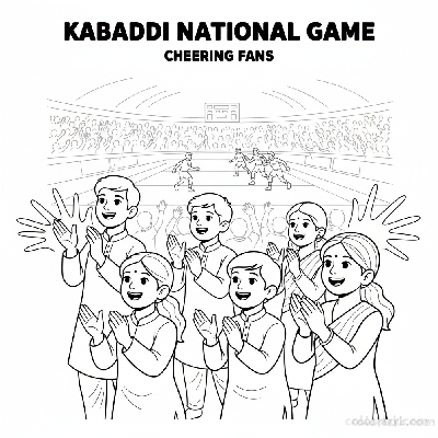 Line art of Indian children enthusiastically clapping and applauding during a Kabaddi National Game.