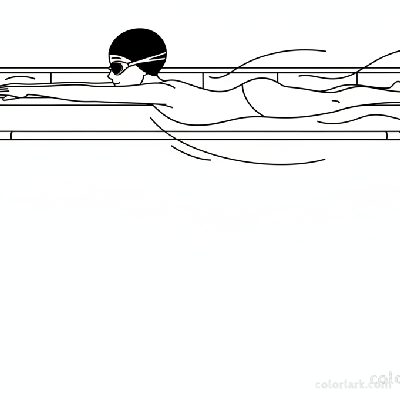 Black and white line art of a child freestyle swimmer with a streamlined body position in a pool, wearing a swim cap and goggles.