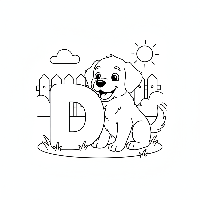 Black and white line art of a happy dog playing with the letter D.
