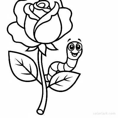 Beginner rose and a cartoon worm coloring page for toddlers, black and white line art, simple flower and insect drawing.