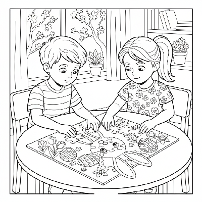 Black and white line art of two focused children working together on a large Easter-themed jigsaw puzzle.