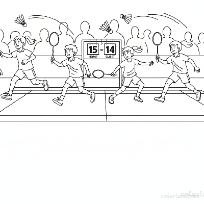 Four children playing doubles badminton vigorously during a school tournament, with a scoreboard in background.
