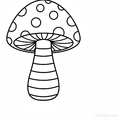 Black and white line art of a whimsical mushroom with a polka-dotted cap and striped stem, emphasizing playful patterns, for coloring.