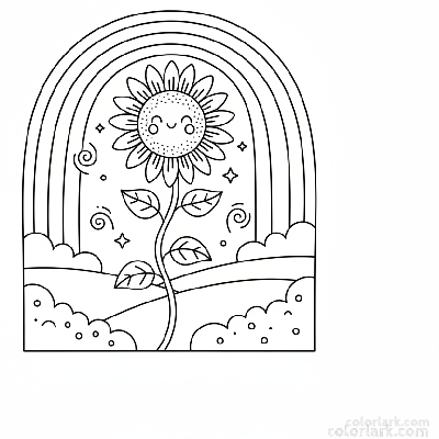 Black and white line art of a sunflower with a rainbow arching over it