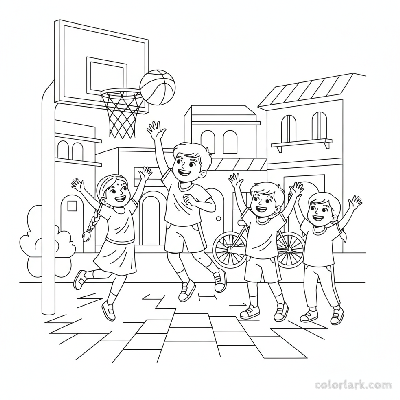 Line art of a happy group of Indian children playing street basketball, with friends cheering on the sidelines.