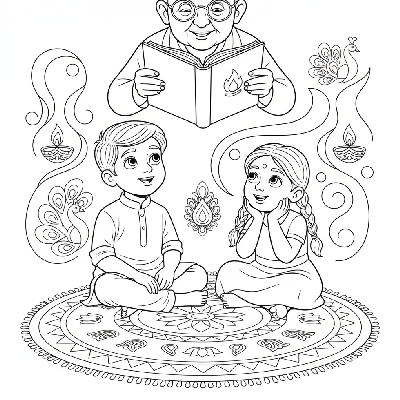 Curious children attentively listening to Diwali stories told by an elder, showing engagement, black-and-white line art