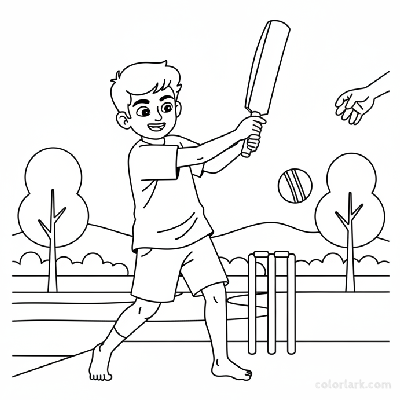 Line art coloring page of an Indian boy batting a cricket ball, with stumps in the background.