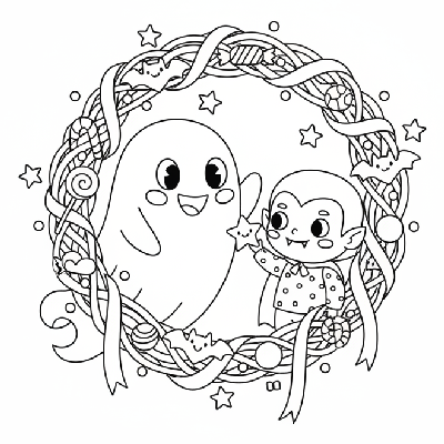 Black and white line art of a smiling ghost and vampire kid decorating a friendship wreath, Halloween coloring page.