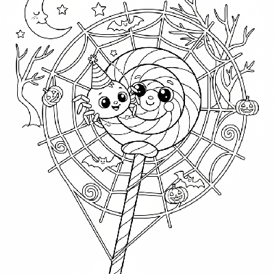 Black and white line art of a cute spider webbing a giant lollipop for Halloween decoration, coloring page.