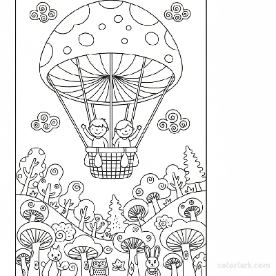 Black and white line art of a hot air balloon with a mushroom-shaped cap floating gracefully over a stylized forest, for coloring.