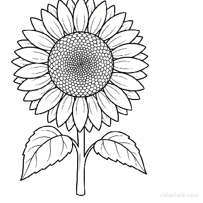 Black and white line art of a single, large, fully bloomed giant sunflower with seeds visible