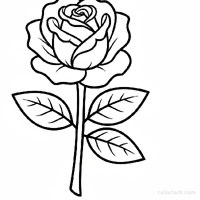 Beginner rose with simple leaves coloring page for children, black and white line art, easy botanical illustration.