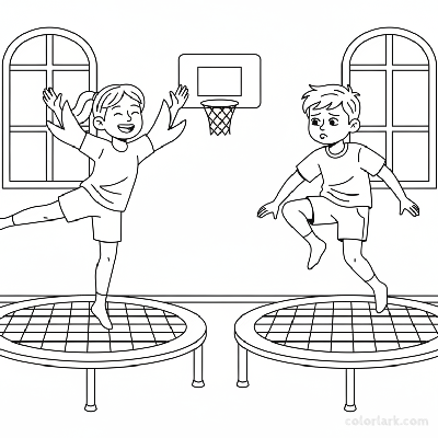Black and white line art of kids playing Follow the Leader on trampolines in a kids fitness center.