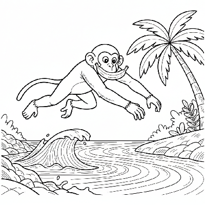 Line art of a focused monkey making a long jump across a wide river, holding a banana carefully in its mouth.