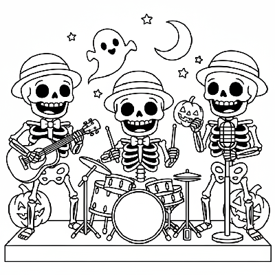 Black and white line art of cute skeletons playing musical instruments in a friendly band, Halloween coloring page.