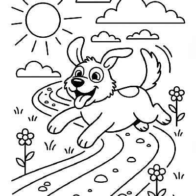Black and white line art of a happy dog playfully hopping along a dirt path, suitable for coloring by kids in India.