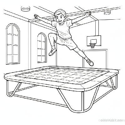 Black and white line art of a child in a dynamic mid-air pose on a large gym trampoline at a kids fitness center.