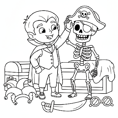 Black and white line art of a cute vampire child and friendly skeleton playing dress-up, Halloween coloring page for kids.