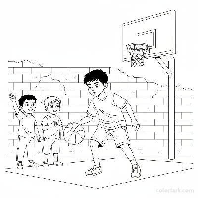 Line art of a young Indian athlete dribbling a basketball on a street, with two friends watching.
