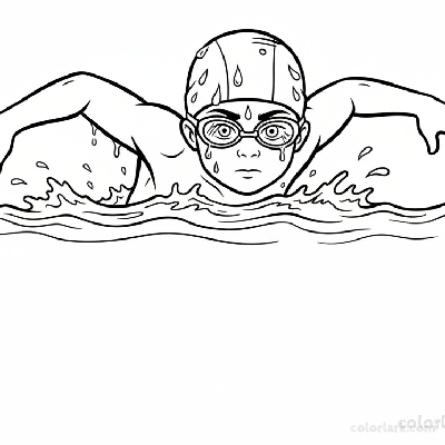 Black and white line art of a child swimming freestyle with water droplets, wearing a swim cap and goggles.