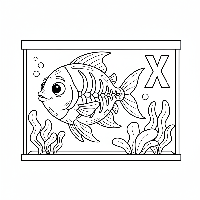 Black and white line art of an X-ray fish swimming next to the letter X.