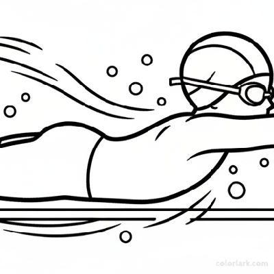 Black and white line art of a child swimming freestyle from an underwater view, wearing a swim cap and goggles.